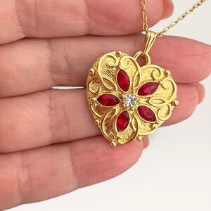 Vintage Avon Gold Heart Pendant Necklace with Red Accents